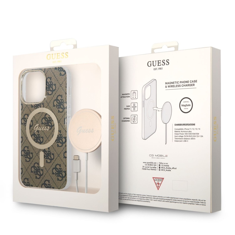 Guess 4G MagSafe Kompatibilný Zadný Kryt + Bezdrôtová Nabíjačka pre iPhone 14 Pro Max Brown