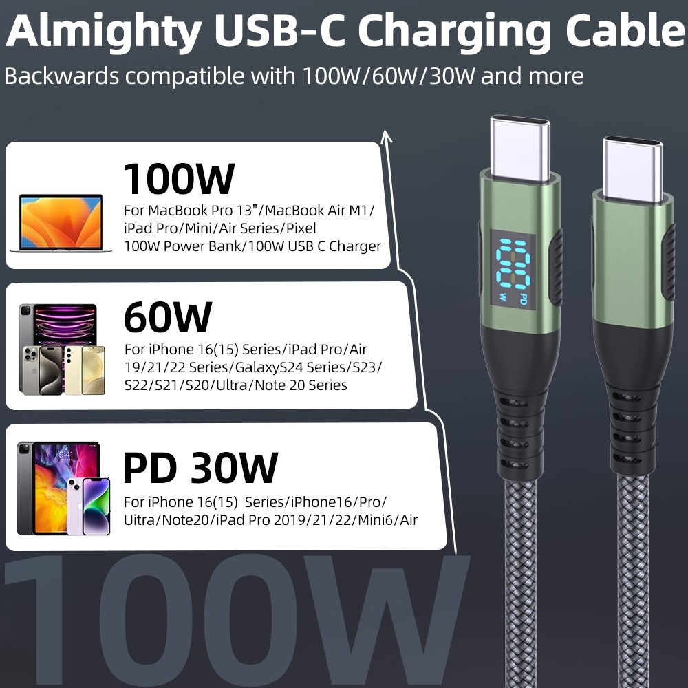 Nylonový kábel USB-C / USB-C s displejom 1m 100W - šedý