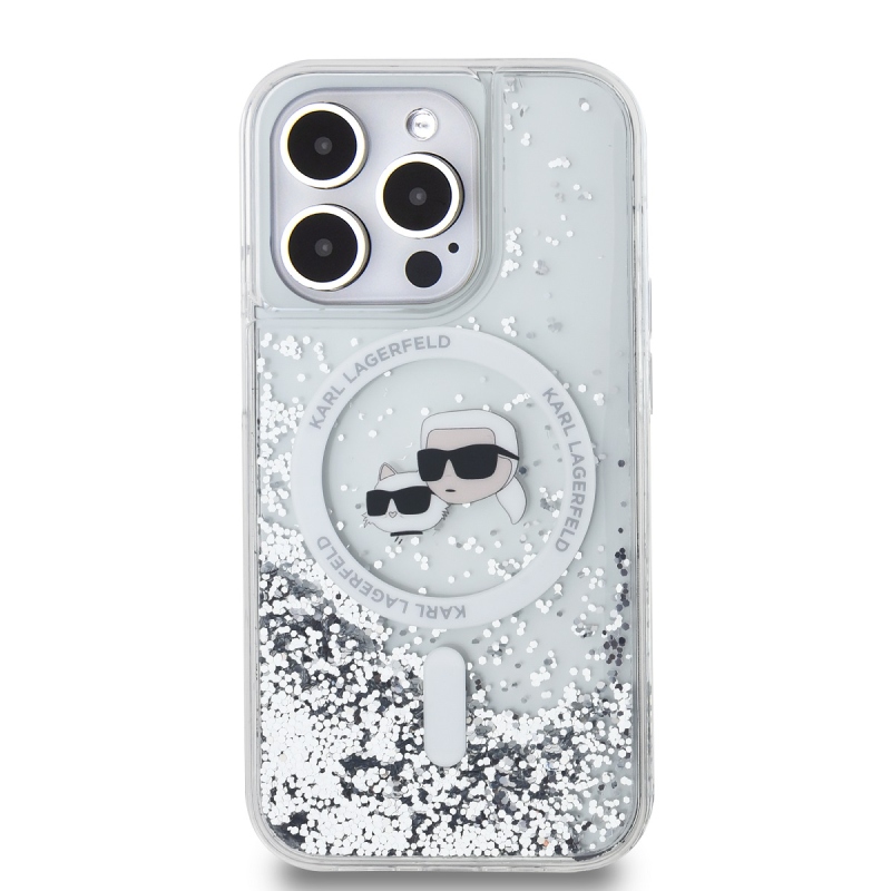 Karl Lagerfeld Liquid Glitter Karl and Choupette Heads MagSafe Zadný Kryt pre iPhone 13 Pro Max Transparent