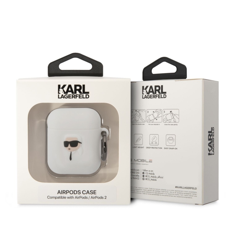 Karl Lagerfeld 3D Logo NFT Karl Head Silikónové Puzdro pre Airpods 1/2 White