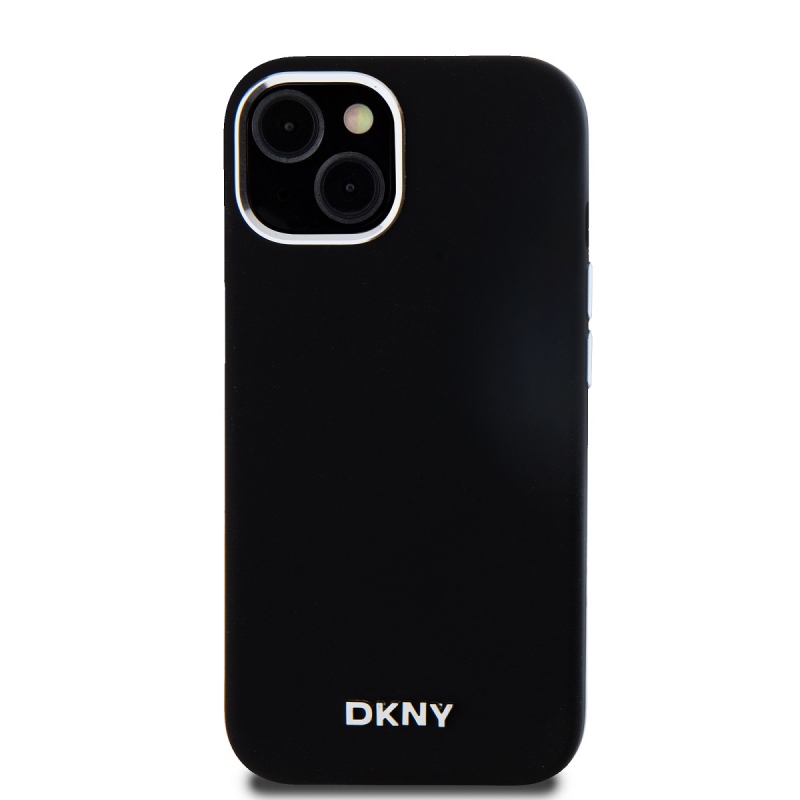 DKNY Liquid Silicone Silver Metal Logo Magsafe Zadný Kryt pre iPhone 15 Black