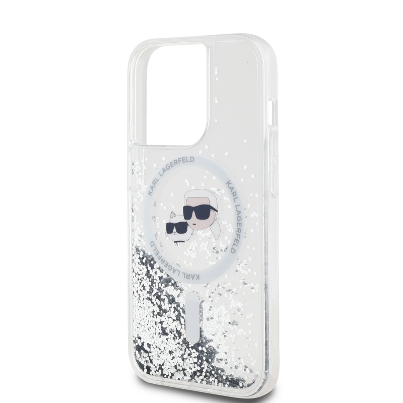 Karl Lagerfeld Liquid Glitter Karl and Choupette Heads MagSafe Zadný Kryt pre iPhone 14 Pro Transparent