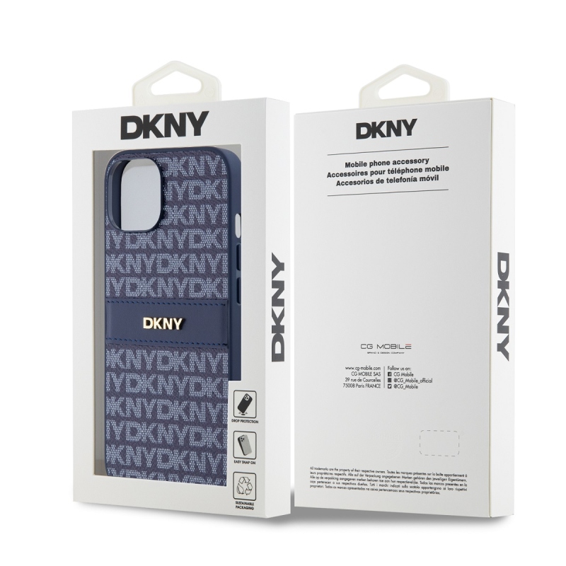 DKNY PU Leather Repeat Pattern Tonal Stripe Zadný Kryt pre iPhone 14 Blue