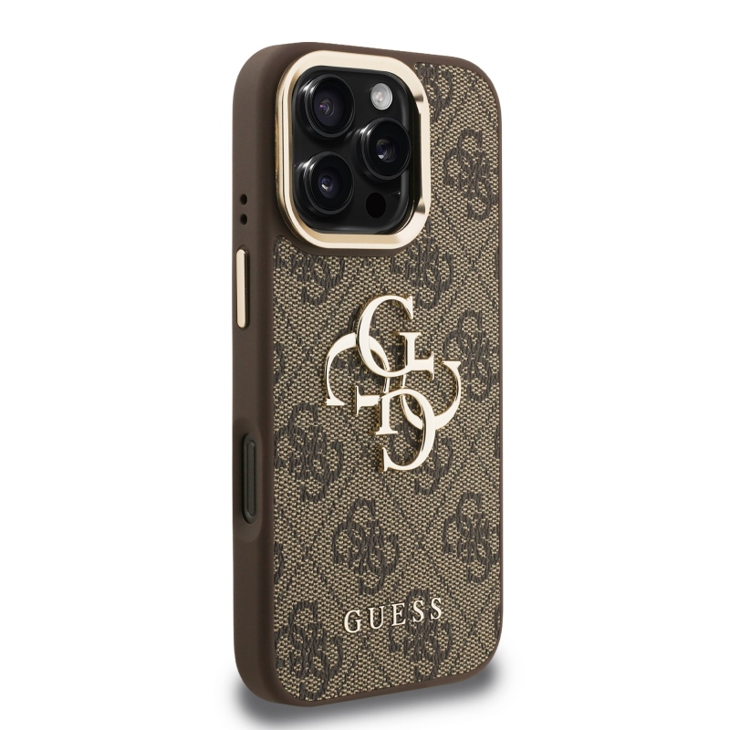 Guess PU 4G Metal Logo Stand Camera Frame Zadný Kryt pre iPhone 16 Pro Brown