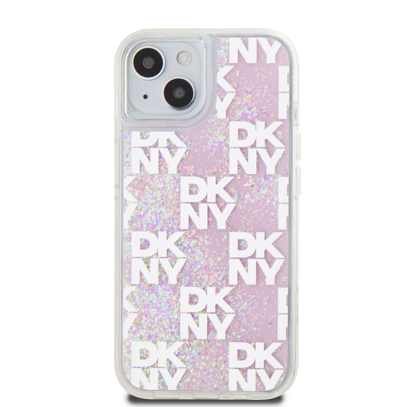 DKNY Liquid Glitter Checkered Pattern Zadný Kryt pre iPhone 15 Pink