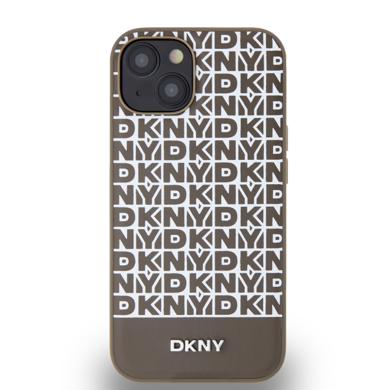 DKNY PU Leather Repeat Pattern Bottom Stripe MagSafe Zadný Kryt pre iPhone 14 Brown