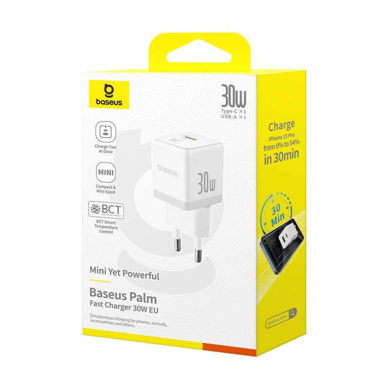 Rýchla nabíjačka Baseus Palm USB-A + USB-C 30W biela