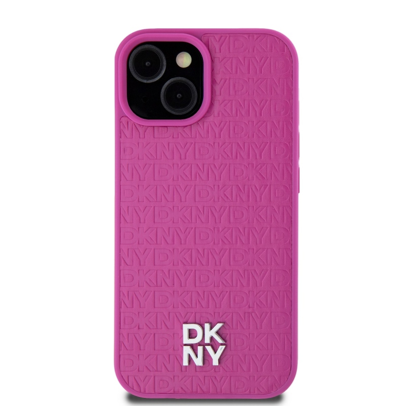 DKNY PU Leather Repeat Pattern Stack Logo Magsafe Zadný Kryt pre iPhone 15 Pink