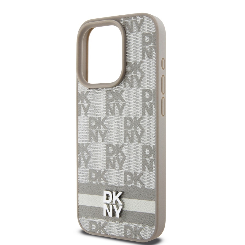 DKNY PU Leather Checkered Pattern and Stripe Zadný Kryt pre iPhone 13 Pro Beige