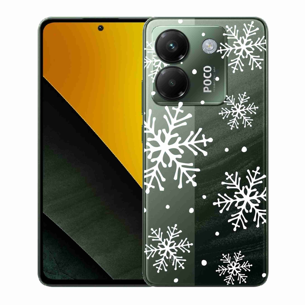 Gélový kryt mmCase na Xiaomi Poco M7 Pro 5G - biele vločky na priehľadnom pozadí