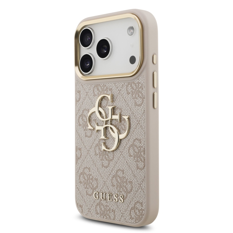 Guess PU kožený 4G kovové logo Gold Frame zadný kryt pre iPhone 17 Pro Pink