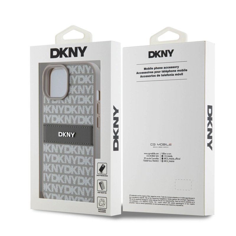 DKNY PU Leather Repeat Pattern Tonal Stripe Zadný Kryt pre iPhone 15 Beige