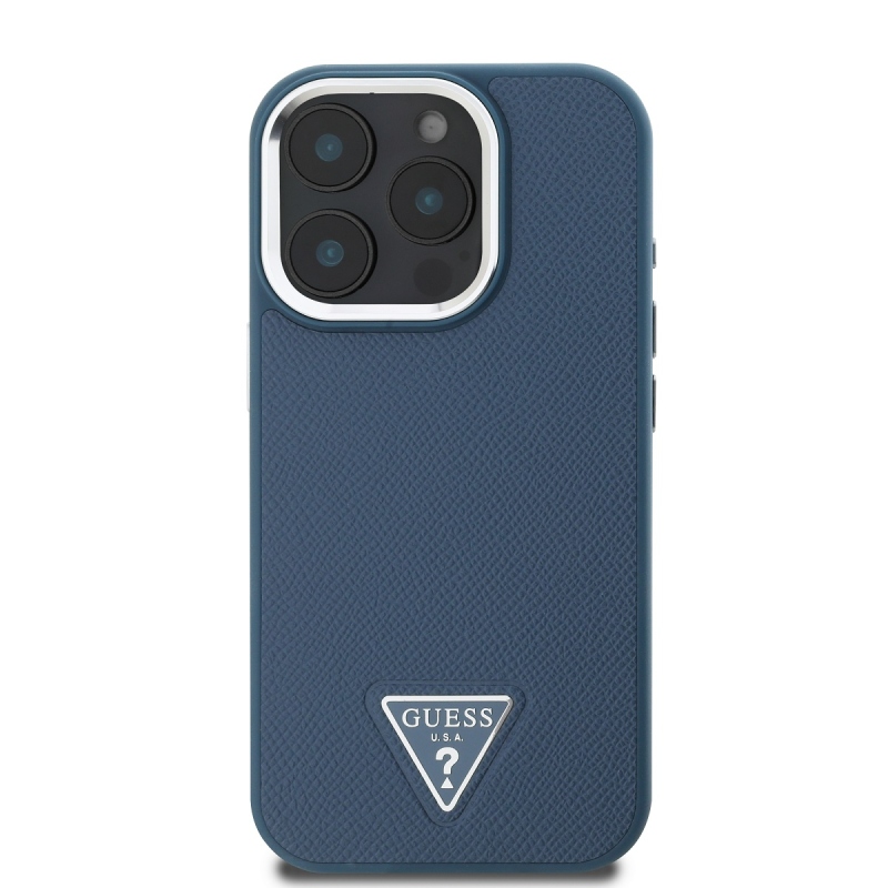 Guess PU Grained Triangle Logo Zadný Kryt pre iPhone 16 Pro Max Blue