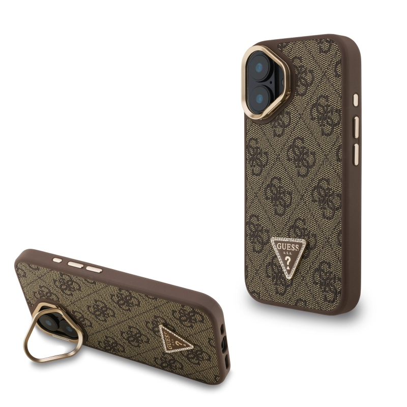 Guess PU 4G Strass Triangle Logo Stand Camera Frame MagSafe Zadný Kryt pre iPhone 16 Brown