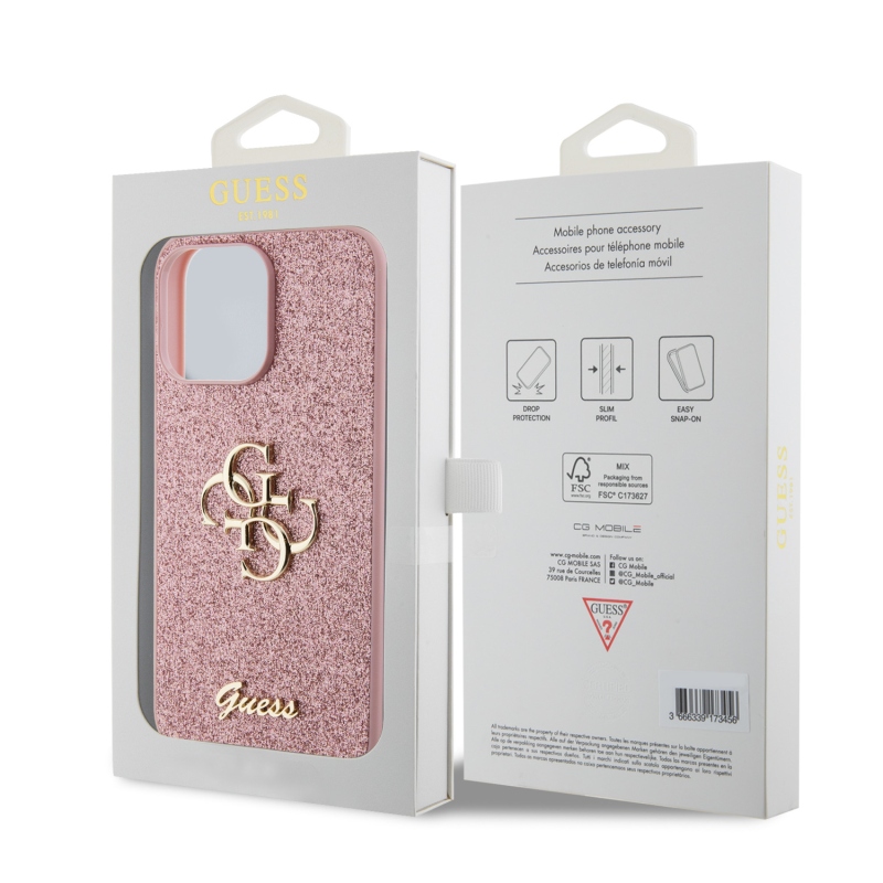 Guess PU Fixed Glitter 4G Metal Logo Zadný Kryt pre iPhone 15 Pro Max Pink