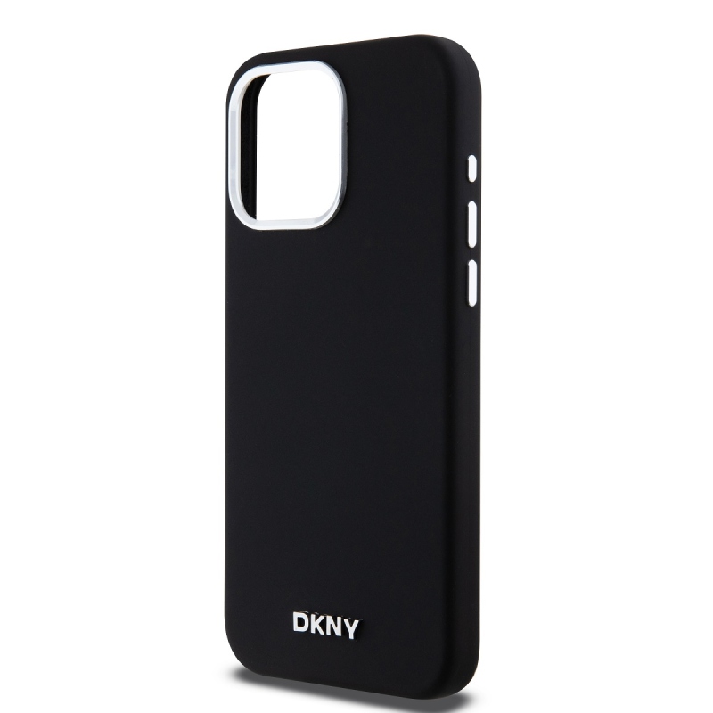 DKNY Liquid Silicone Silver Metal Logo Magsafe Zadný Kryt pre iPhone 15 Pro Max Black