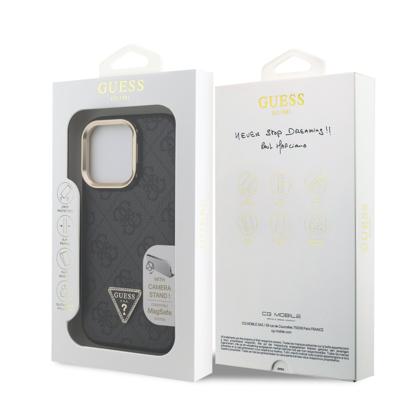 Guess PU 4G Strass Triangle Logo Stand Camera Frame MagSafe Zadný Kryt pre iPhone 15 Pro Black