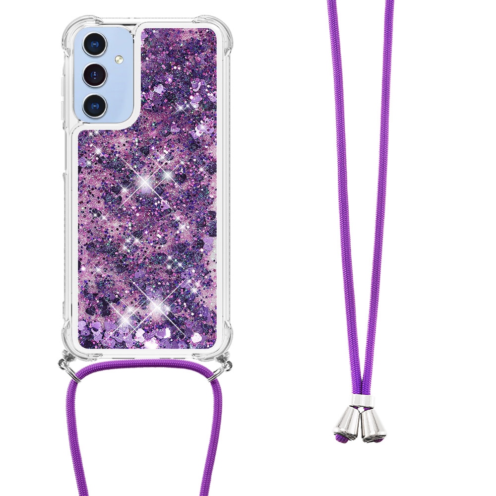 Glitters presýpací gélový obal so šnúrkou na Samsung Galaxy A17 5G - tmavofialový/srdiečka