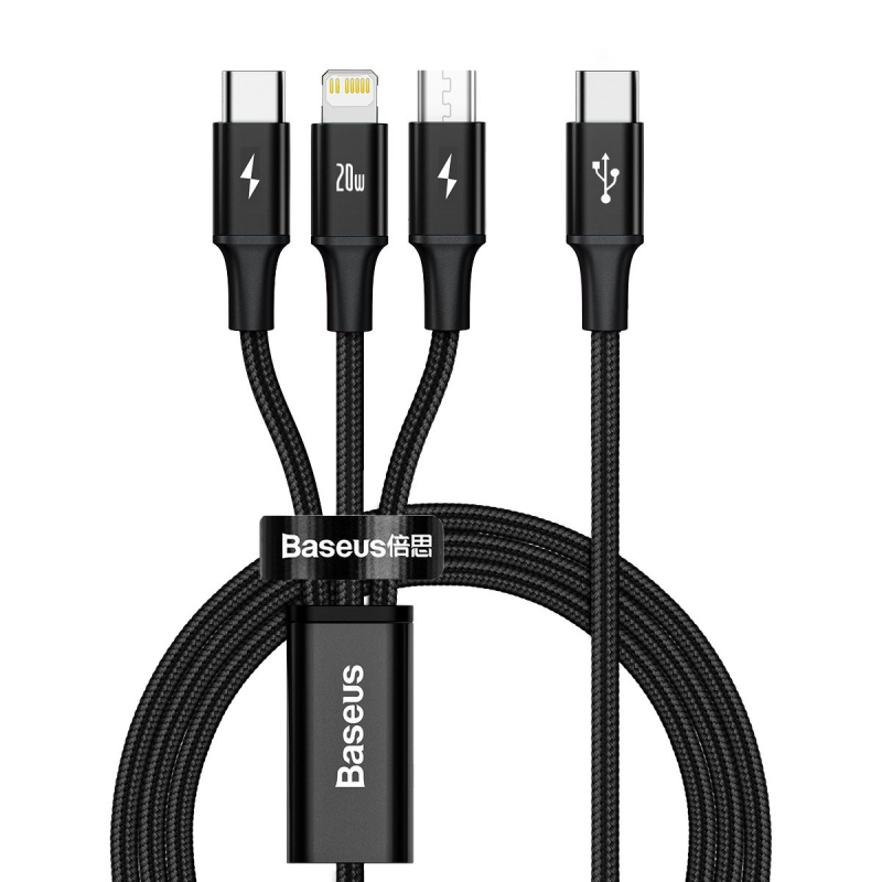 Baseus Rapid Series 3v1 Fast Charging Dátový Kábel USB-C - USB-C/Lighting/MicroUSB 20W 1.5m Black
