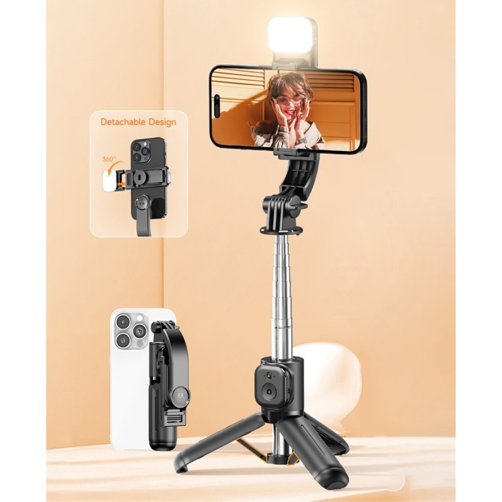 Q21S mini selfie tyč so statívom, LED svetlom a Bluetooth