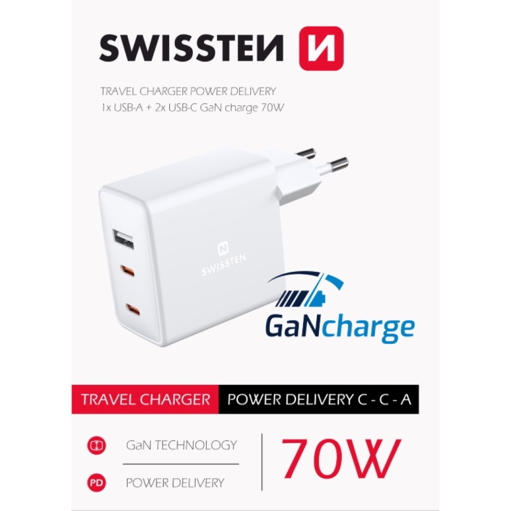 Nabíjačka Swissten GaN 70W, 2x USB-C, 1x USB - biela