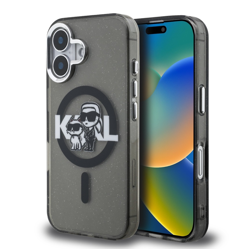 Karl Lagerfeld IML Glitter Karl and Choupette Sketch MagSafe Zadný Kryt pre iPhone 16 Black