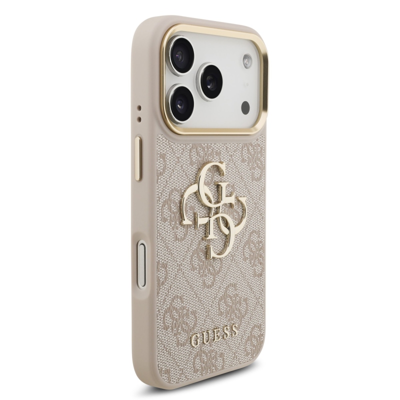 Guess PU kožený 4G kovové logo Gold Frame zadný kryt pre iPhone 17 Pro Pink