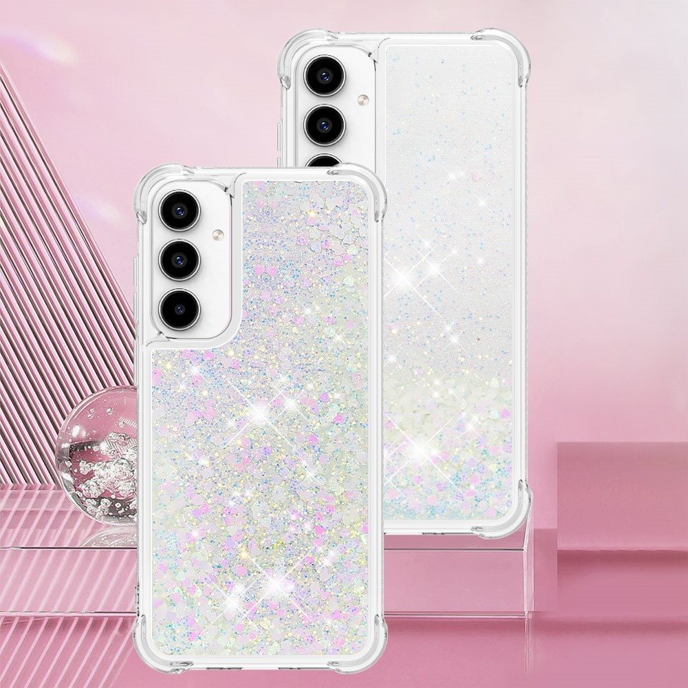 Glitter gélový presýpací obal na Samsung Galaxy A55 5G - ružovo strieborný/srdiečka