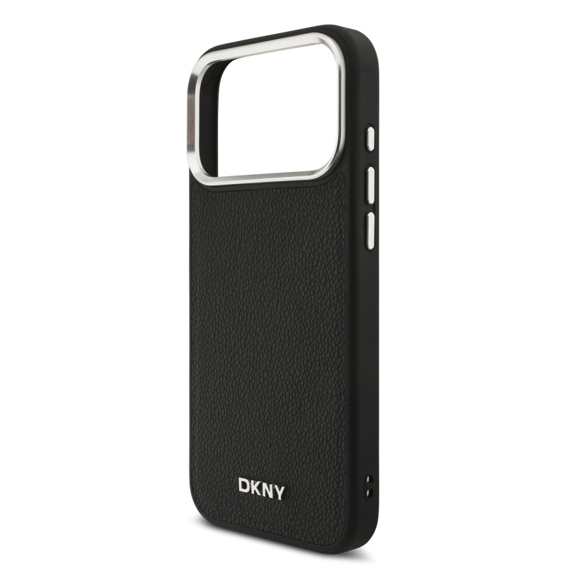 DKNY PU kožený kovový kryt s logom na zápästie MagSafe Back Cover pre iPhone 17 Pro Max Black