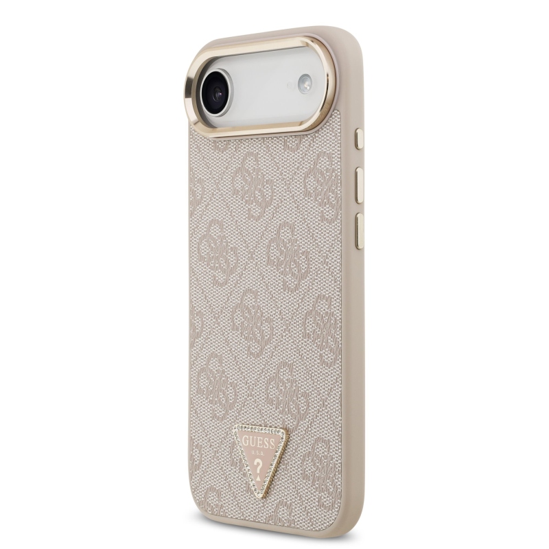 Guess PU kožený 4G štrasové trojuholníkové logo Gold Frame MagSafe zadný kryt pre iPhone Air Pink