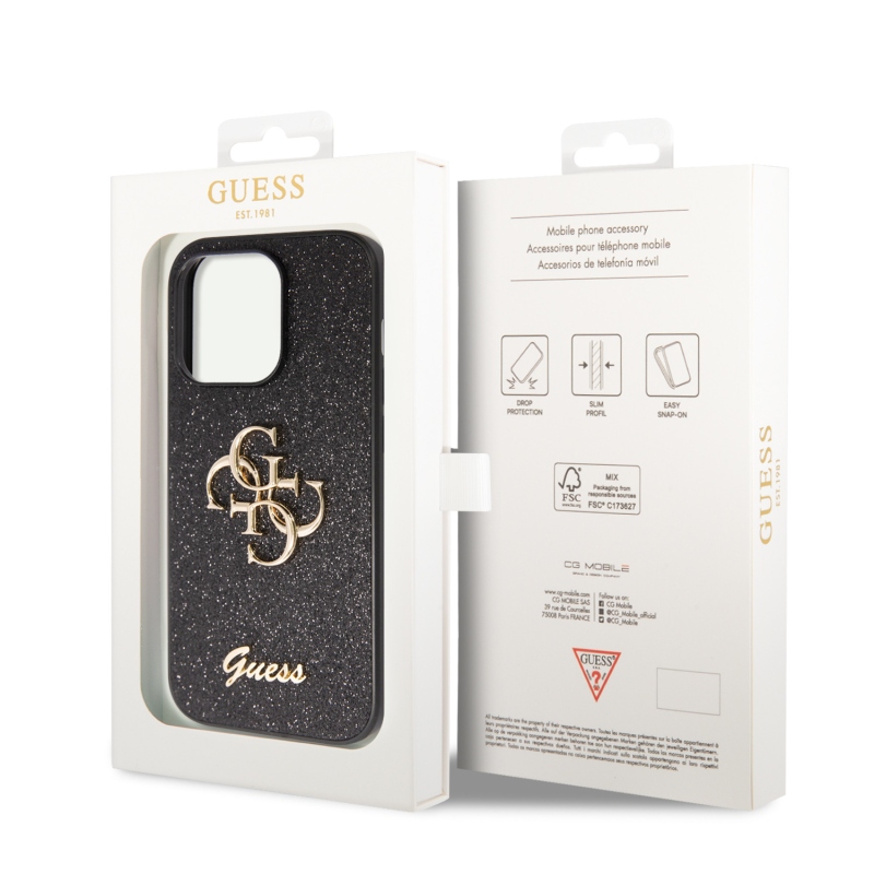 Guess PU Fixed Glitter 4G Metal Logo Zadný Kryt pre iPhone 15 Pro Max Black