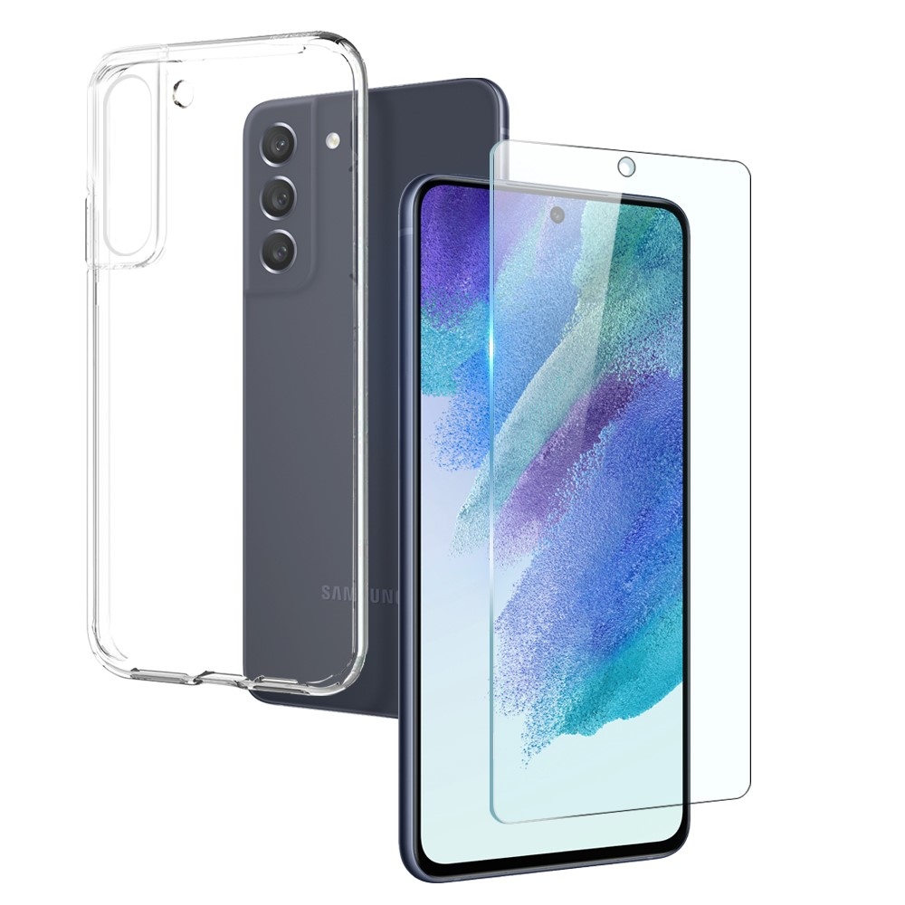 NORTHJO priehľadný gélový obal + tvrdené sklo na Samsung Galaxy S21 FE - priehľadný