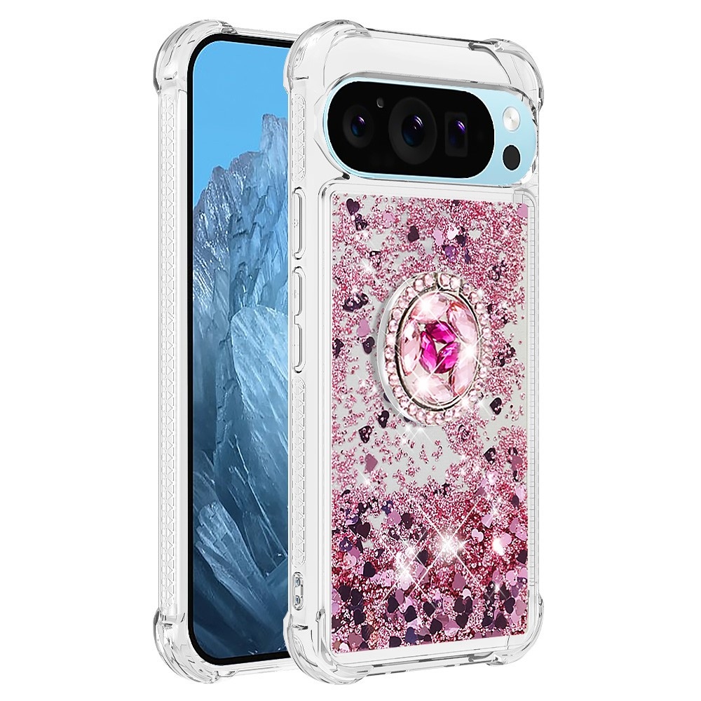 Glitt presýpací gélový obal s krúžkom na prst na Google Pixel 10 - ružovozlatý/srdiečka