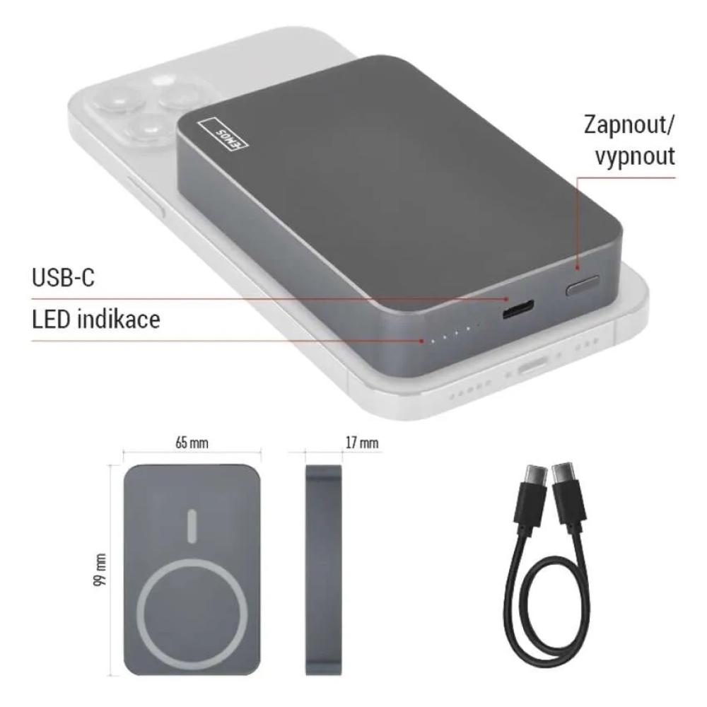 Powerbanka EMOS WI 1046, 10 000 mAh, 20 W+Wireless - šedá