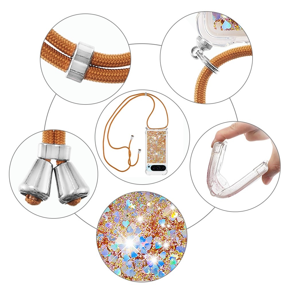 Glitters presýpací gélový obal so šnúrkou na Google Pixel 10 Pro/Pixel 10 - zlatý/srdiečka