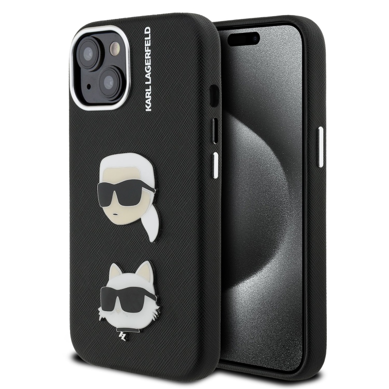 Karl Lagerfeld Grained PU K&CH Heads Zadný Kryt pre iPhone 15 Black