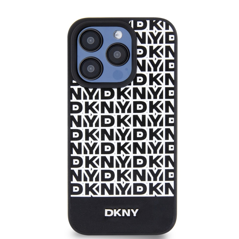 DKNY PU Leather Repeat Pattern Bottom Stripe MagSafe Zadný Kryt pre iPhone 15 Pro Black