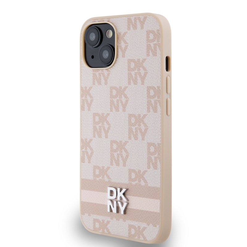 DKNY PU Leather Checkered Pattern and Stripe Zadný Kryt pre iPhone 13 Pink