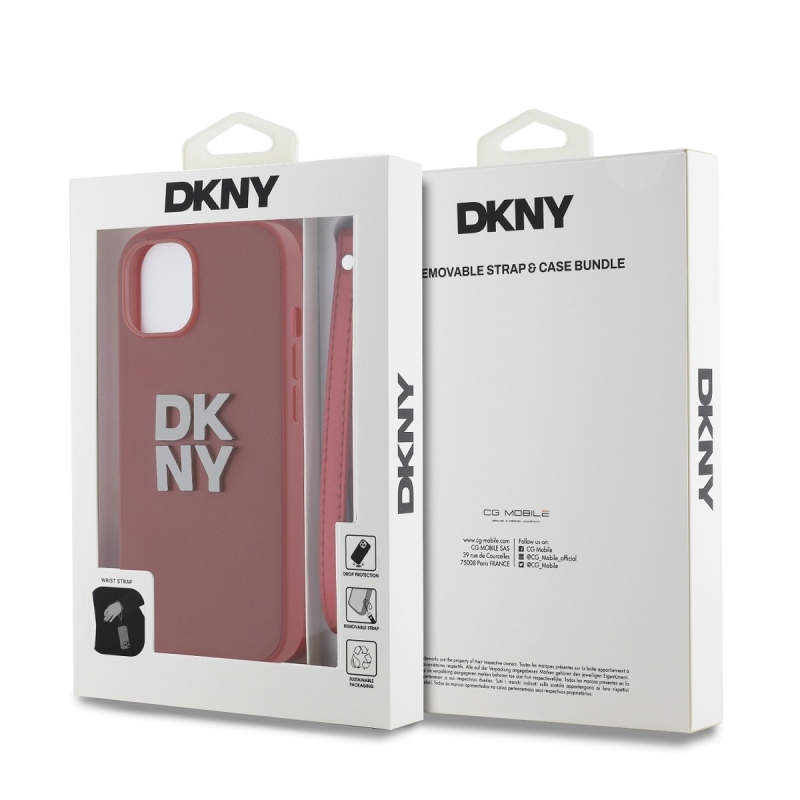 DKNY PU Leather Stack Logo Wrist Strap Zadný Kryt pre iPhone 15 Red