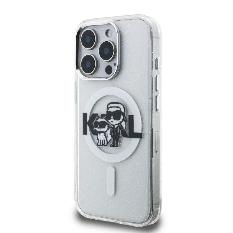 Karl Lagerfeld IML Glitter Karl and Choupette Sketch MagSafe Zadný Kryt pre iPhone 15 Pro Transparent