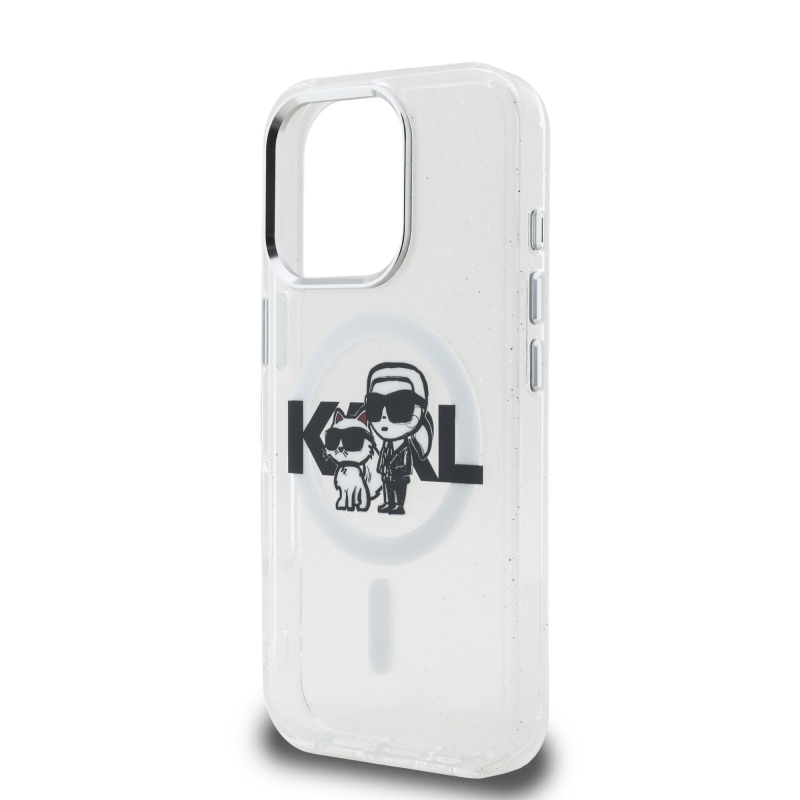 Karl Lagerfeld IML Glitter Karl and Choupette Sketch MagSafe Zadný Kryt pre iPhone 16 Pro Transparent