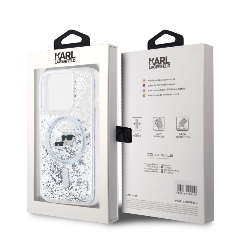 Karl Lagerfeld Liquid Glitter Karl and Choupette Heads MagSafe Zadný Kryt pre iPhone 15 Pro Transparent