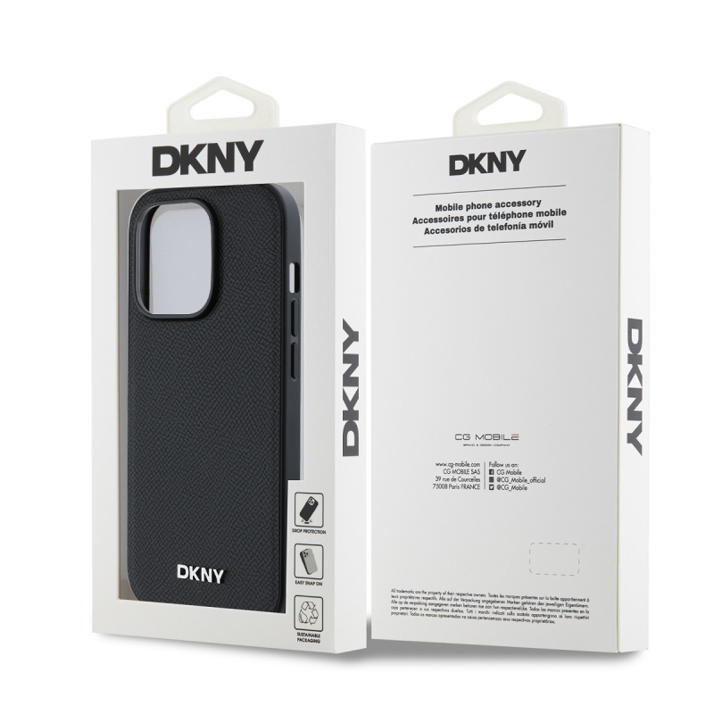 DKNY PU Leather Silver Metal Logo Magsafe Zadný Kryt pre iPhone 14 Pro Black