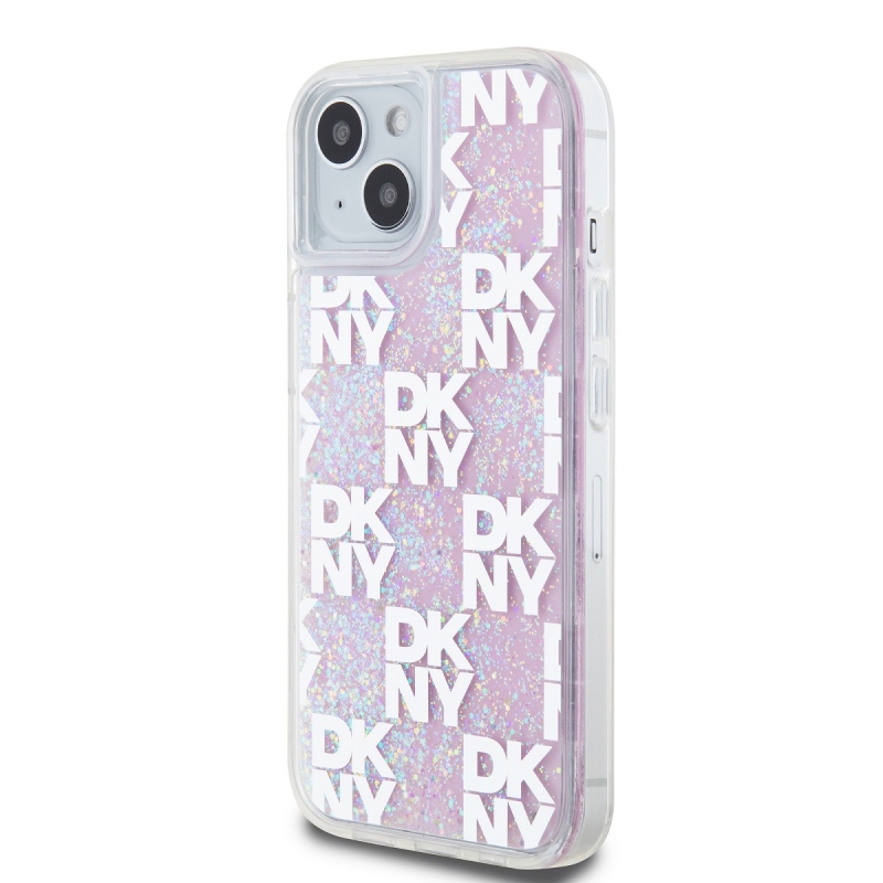 DKNY Liquid Glitter Checkered Pattern Zadný Kryt pre iPhone 15 Pink