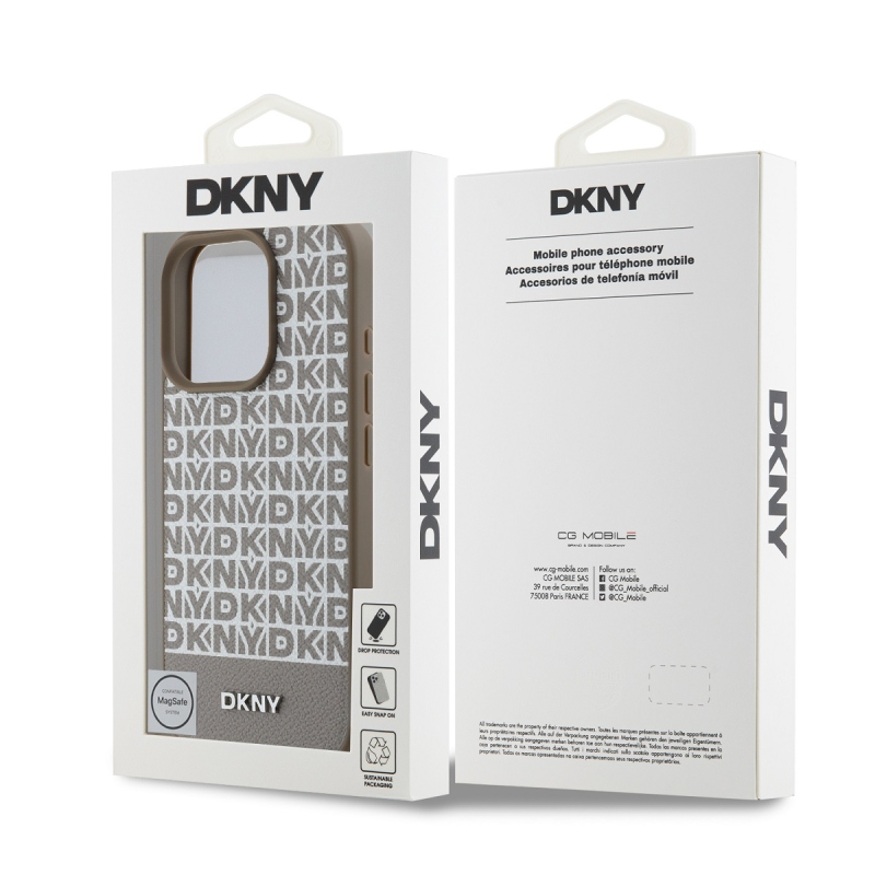 DKNY PU Leather Repeat Pattern Bottom Stripe MagSafe Zadný Kryt pre iPhone 16 Pro Max Brown