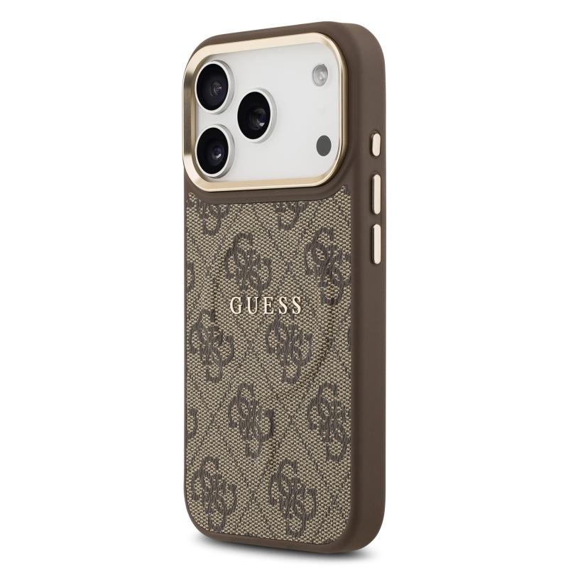 Guess PU kožený zadný kryt 4G Gold Frame MagSafe pre iPhone 17 Pro Brown