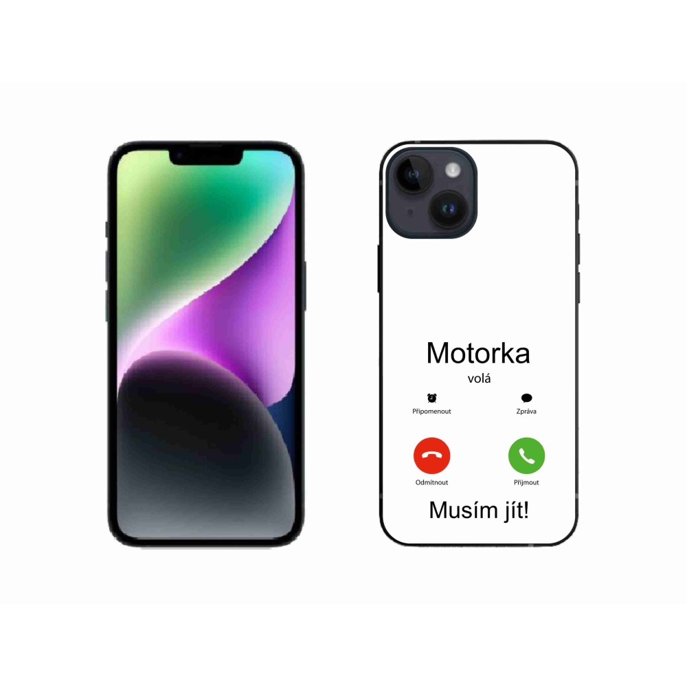 Gélový kryt mmCase na iPhone 14 - motorka volá biele pozadie