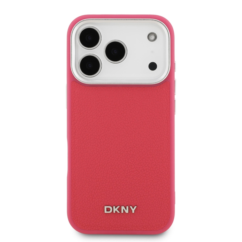 DKNY PU kožený kovový kryt s logom na zápästie MagSafe zadný kryt pre iPhone 17 Pro Pink