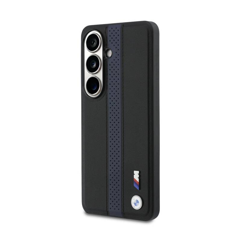 BMW M PU kožený perforovaný zadný kryt s pruhmi a kovovým logom pre Samsung Galaxy S26 Blue