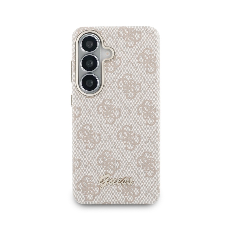 Guess PU 4G Script Metal Logo Magnetický zadný kryt pre Samsung Galaxy S26 ružový
